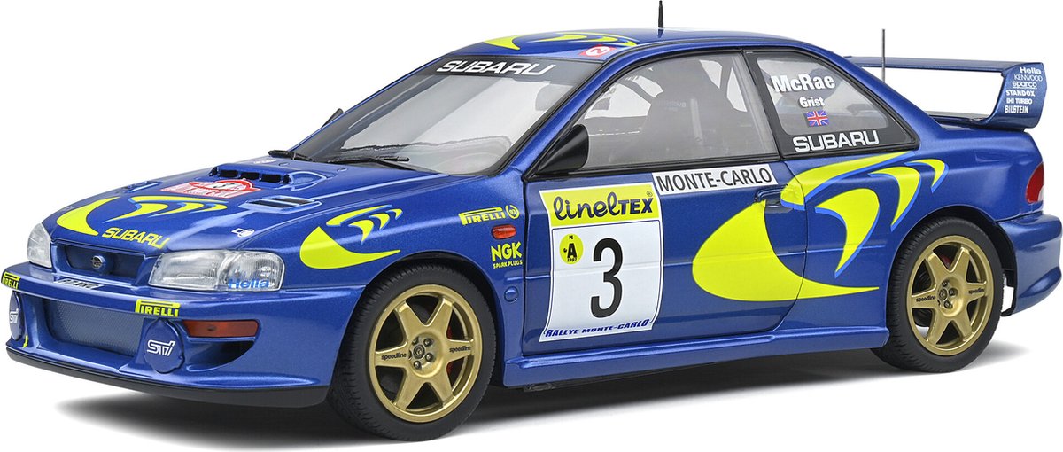 Subaru Impreza 22B Rallye Montecarlo 1998 (Blauw) (27 cm) 1/18 Solido {Modelauto - Schaalmodel - Model auto - Miniatuurauto}